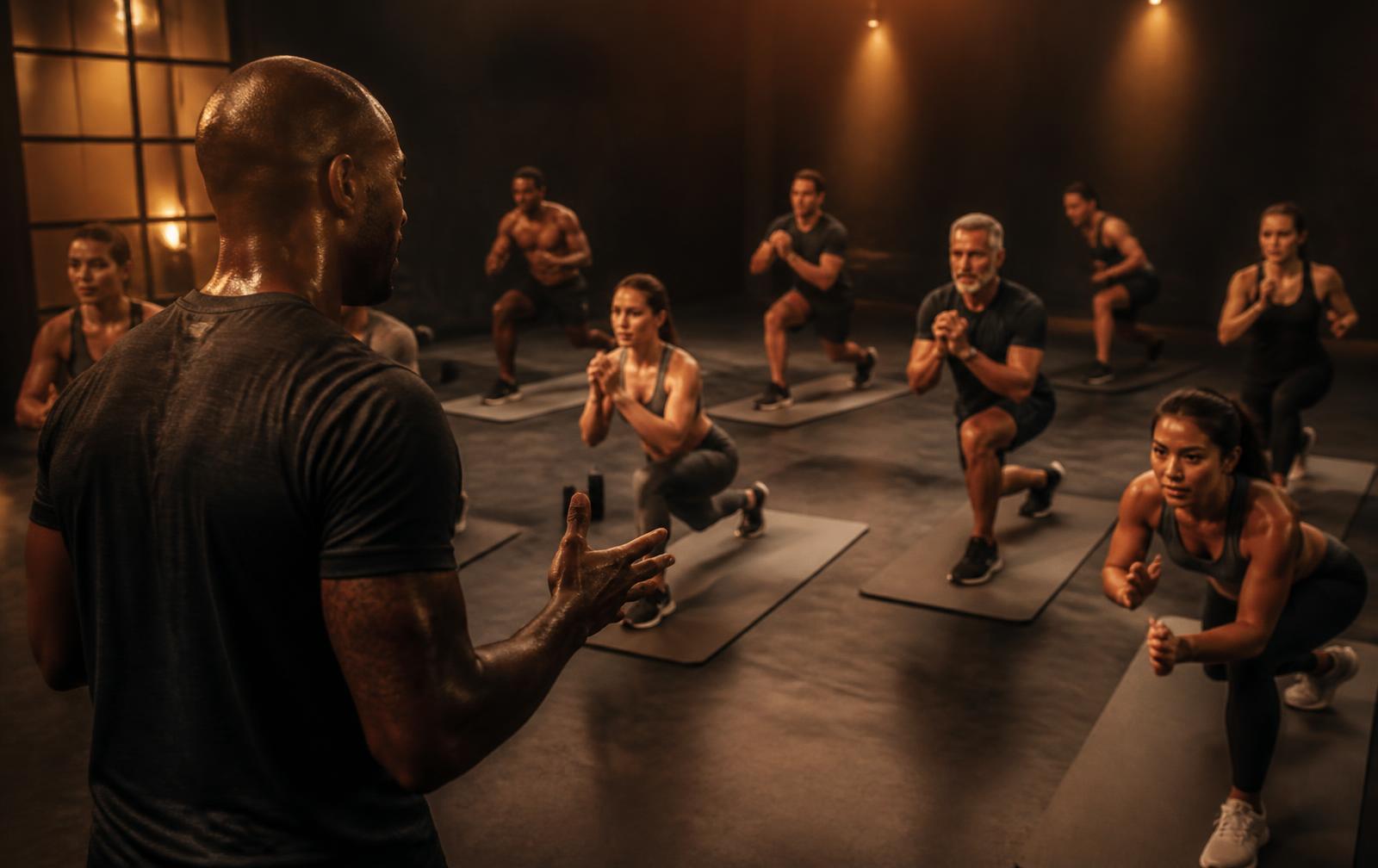 Mixed group fitness class following a coach in a dark studio
