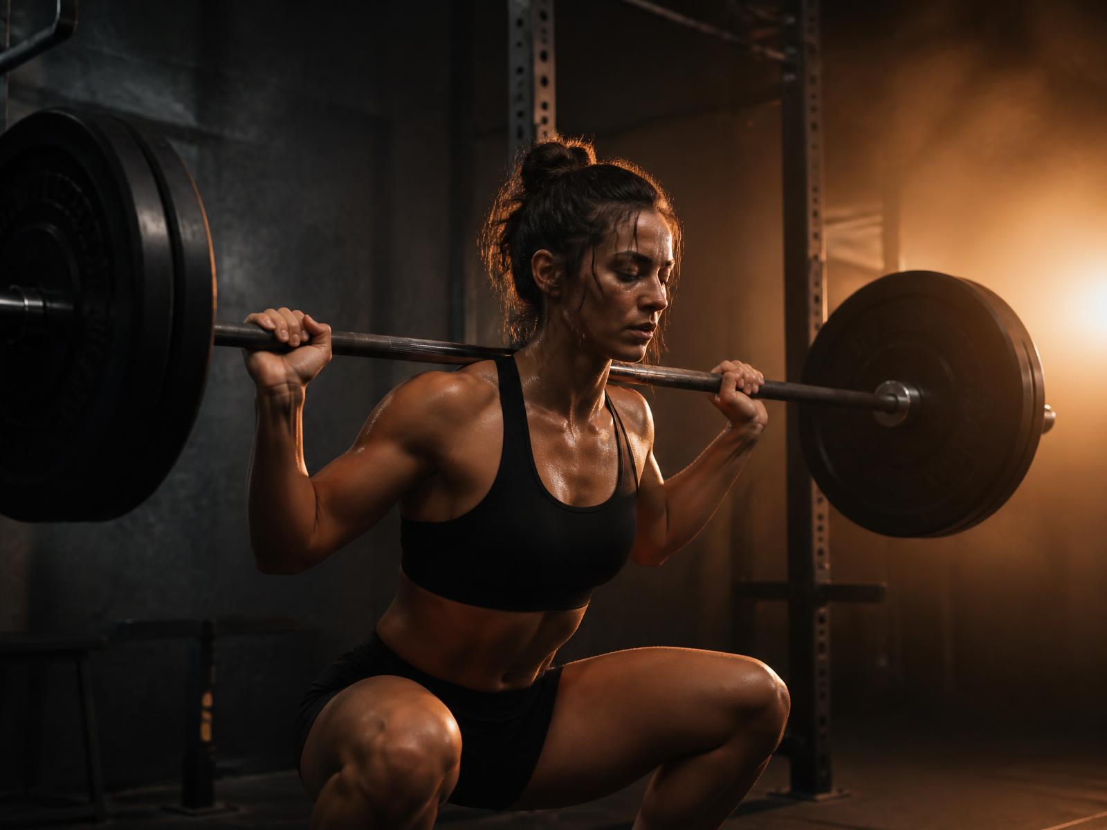 Athlete performing a barbell back squat in a dark gym